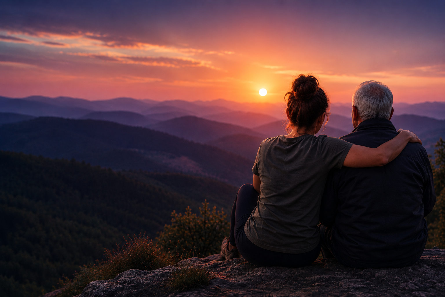 A woman sitting with her arm around an older man as they watch a mountain sunset