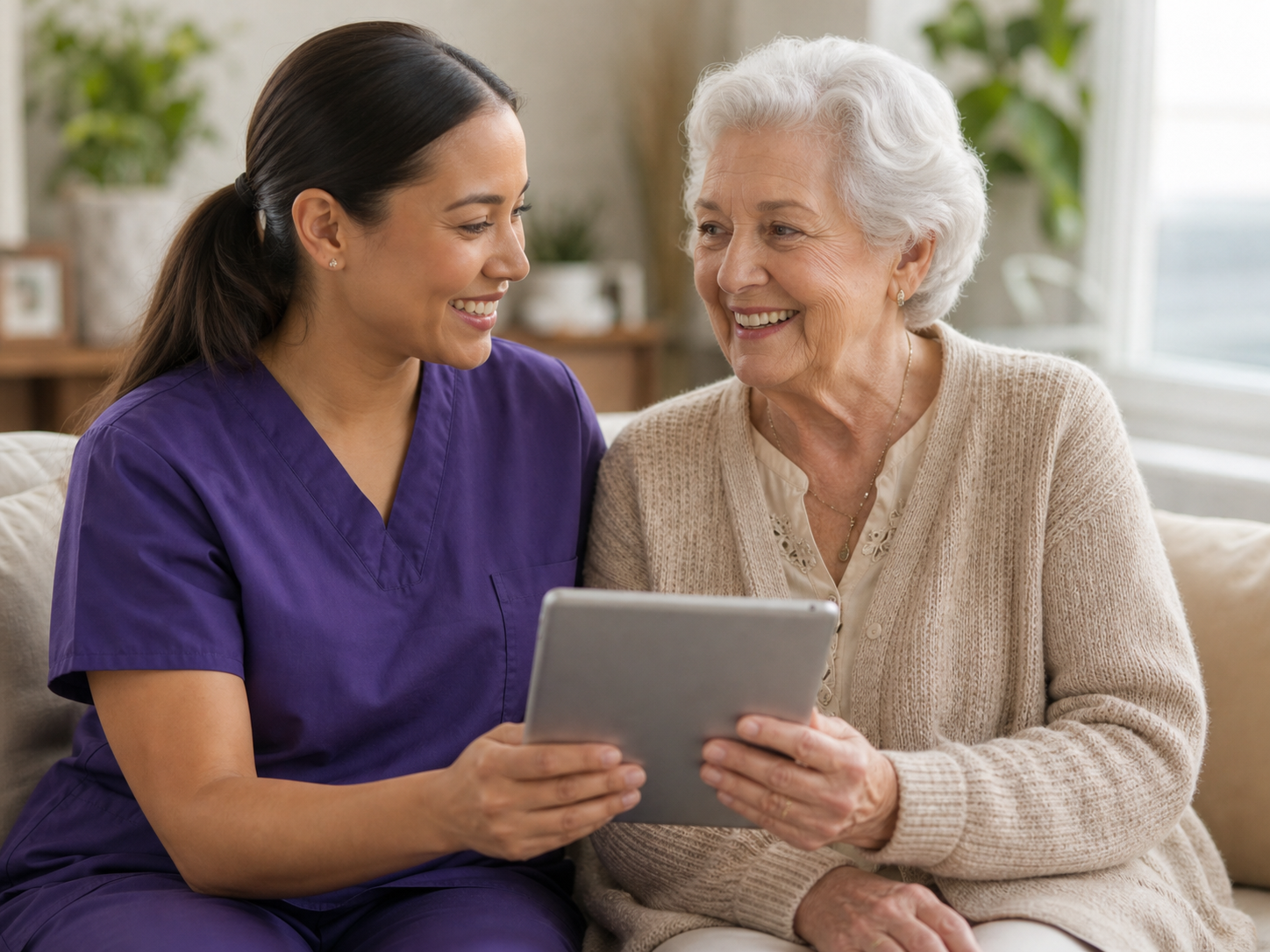 A caregiver and an older woman smiling together over a tablet