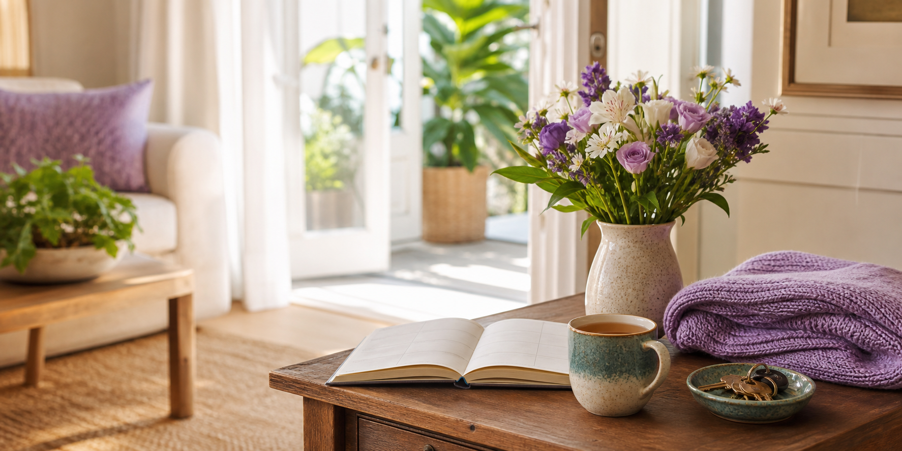 A sunlit living room with tea, flowers, a weekly planner, keys, and a folded lavender blanket