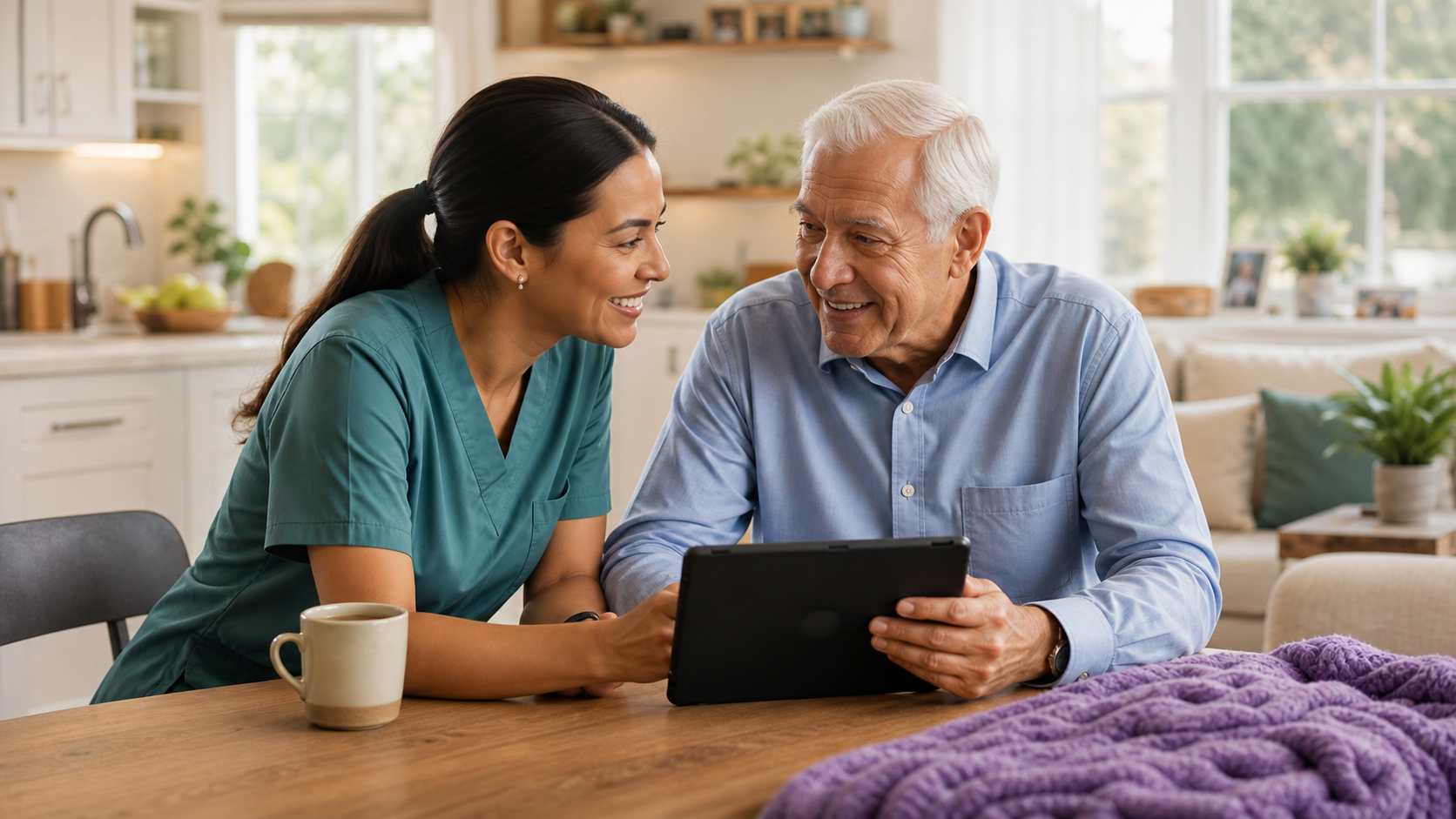 A caregiver and older man reviewing a tablet together