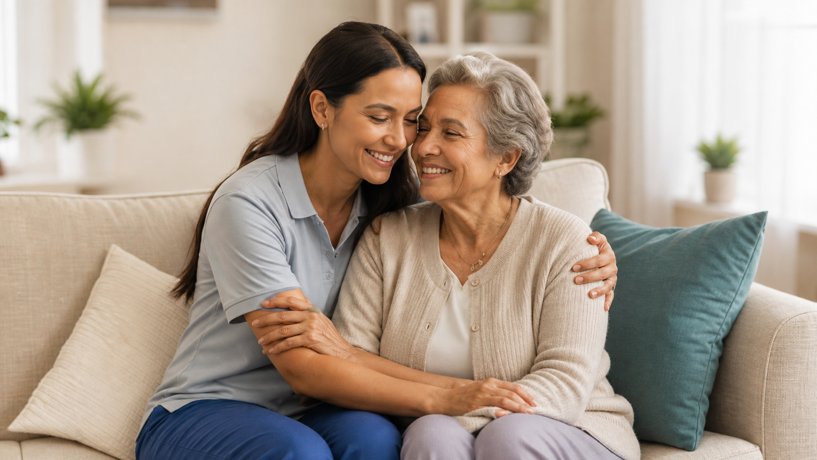 A caregiver warmly embracing an older woman on a sofa