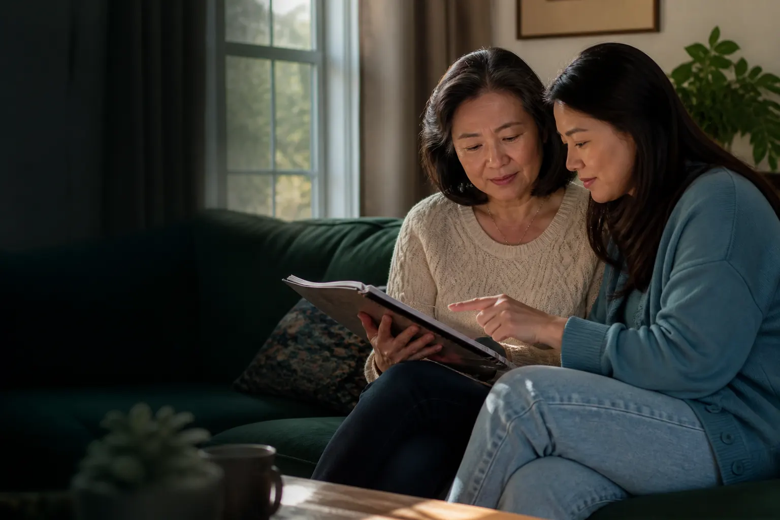 A daughter and her mother reviewing a weekly routine together at home