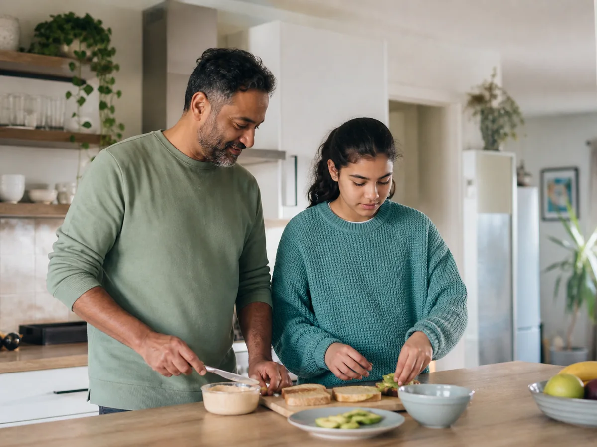 A father supporting his daughter as they prepare a snack